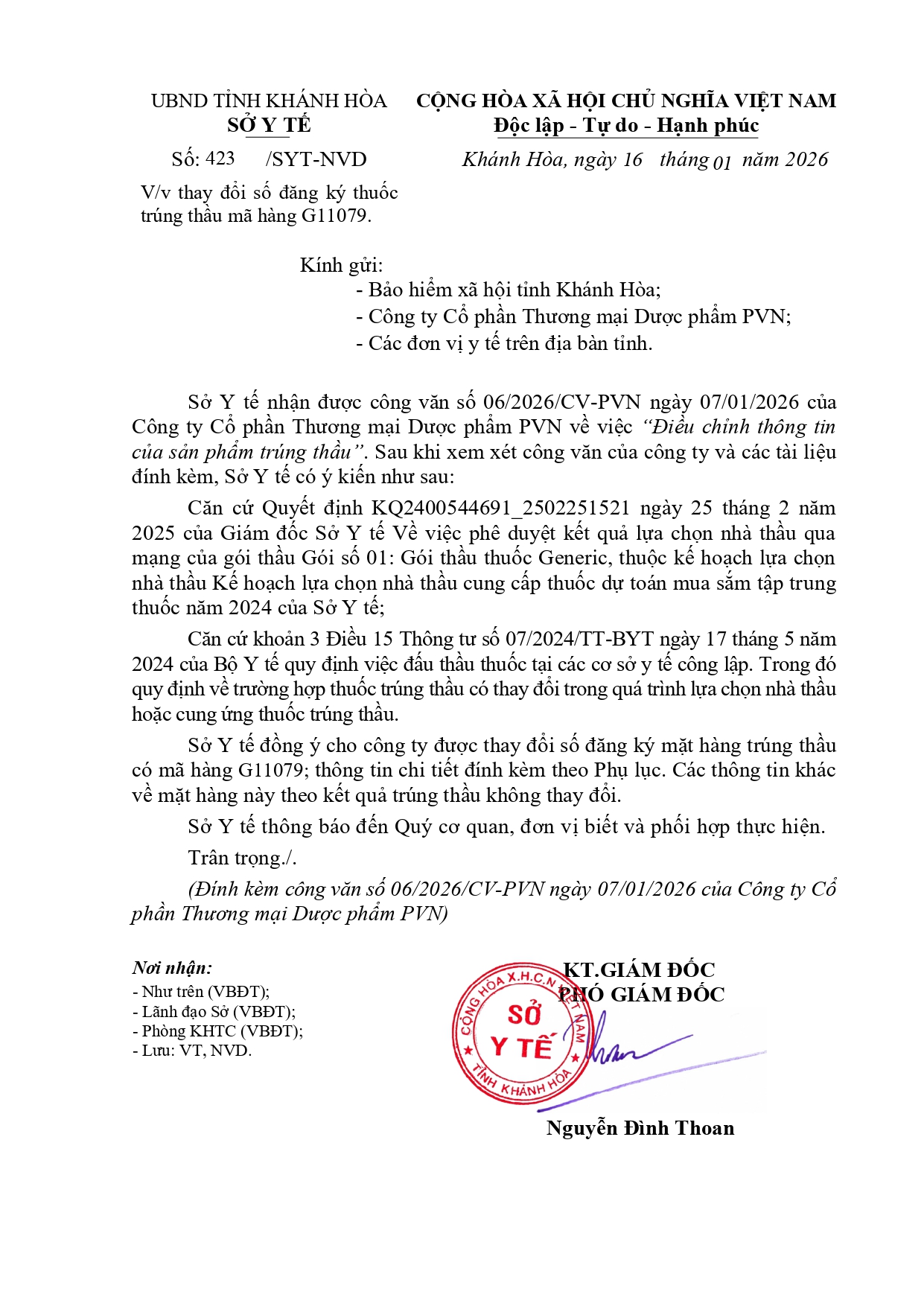 V/v thay đổi số đăng ký thuốc trúng thầu mã hàng G11079.